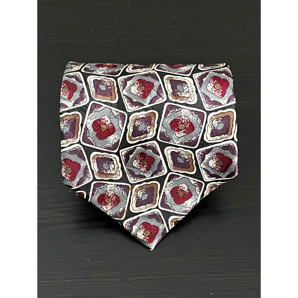 Carlos Tomasini Mens Geometric Medallion Tie Burgundy Grey Black Wide Silk Blend